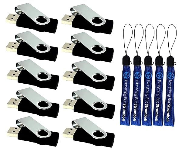 16GB Flash Drives 10-Pack - Black Swivel USB 2.0 Bundle with 5 Lanyards | Perfect for Storage & Organization