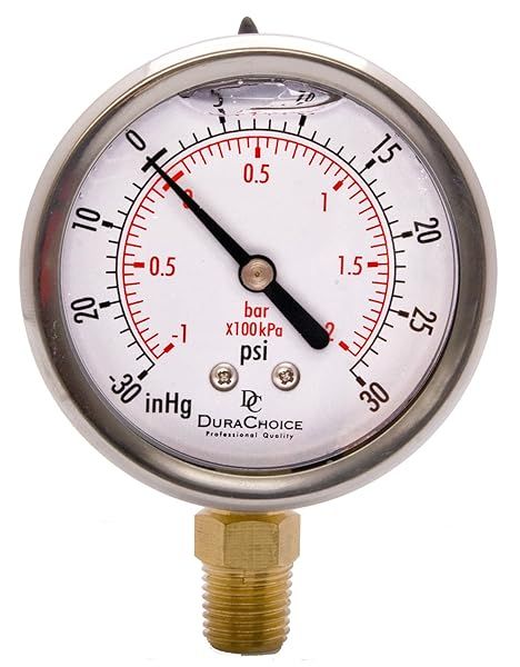 "2-1/2" Oil Filled Vacuum Pressure Gauge - Stainless Steel, Brass, 1/4" NPT, 30HG/30PSI - Durable & Accurate Measurement"