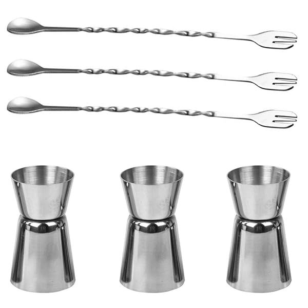 SourceTon 3-Piece Double Jigger Set & 3 Stainless Steel Mixing Spoons for Perfect Cocktails