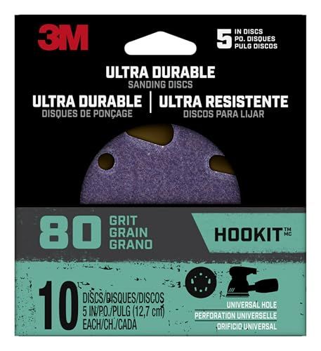 3M Ultra Durable 5-Inch Power Sanding Discs - 80 Grit, Universal Hole, 10 Pack for Efficient Sanding