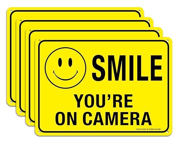 Faittoo 4 Pack Smile You're On Camera Signs - Durable 10x7 Reflective Aluminum for Indoor/Outdoor CCTV Security