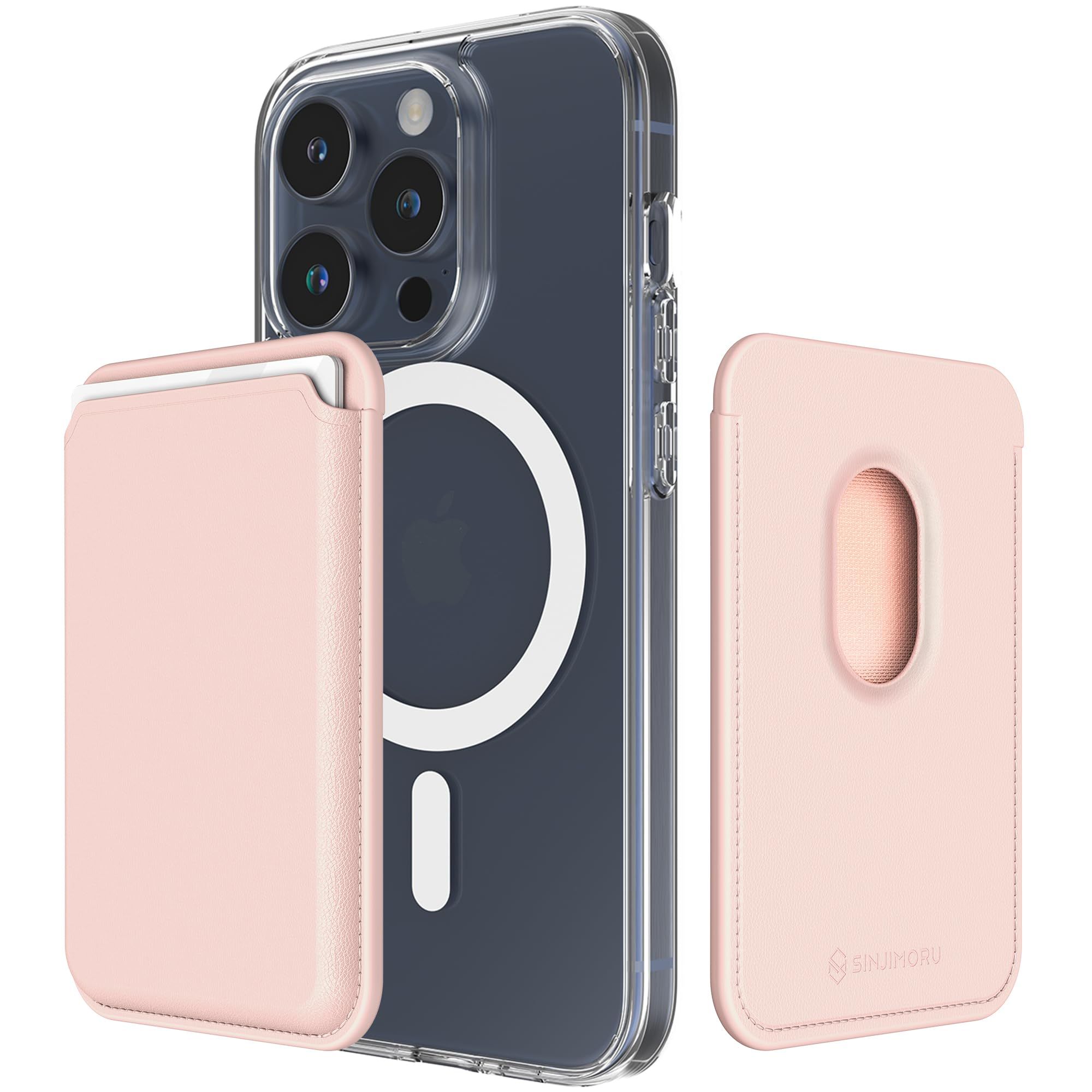 Sinjimoru Magnetic Card Wallet: Premium Vegan Leather MagSafe 3-Card Holder for iPhone 16/15/14/13/12 - M-Viica Pink Sand