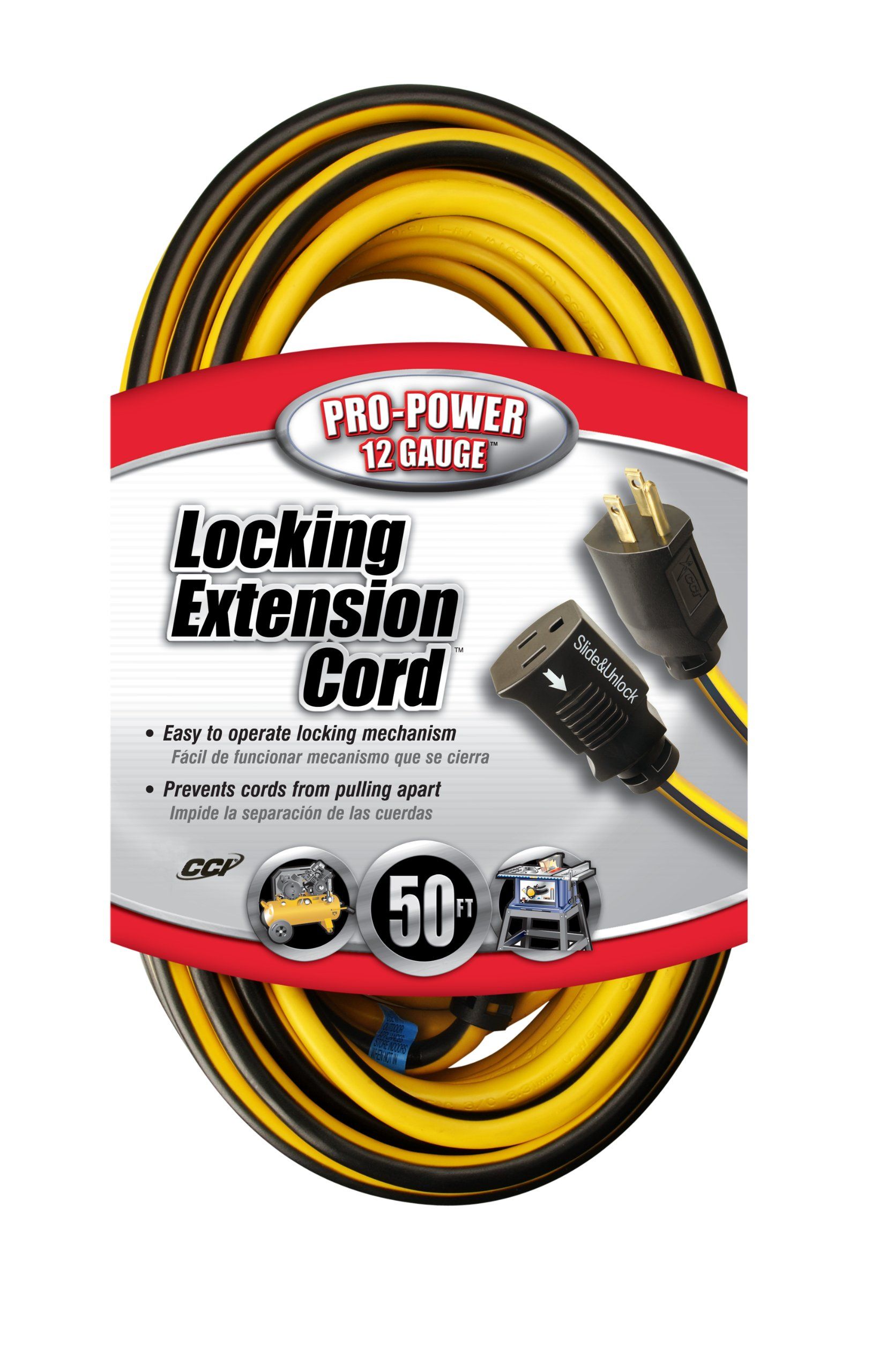 Southwire 50Ft Heavy Duty Extension Cord - 12 Gauge, 3 Conductor, Locking SJTW, Yellow & Blue - Model 25388828