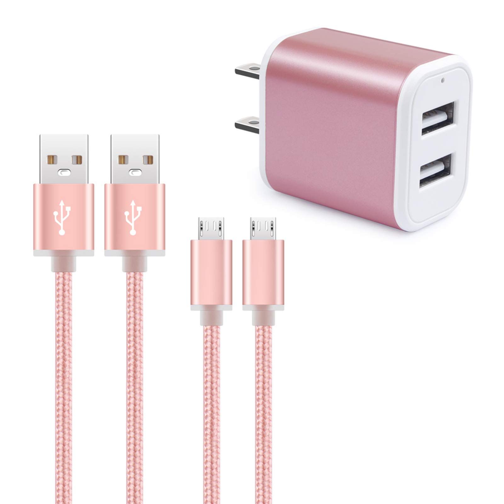 Fast Charging 2.1A Dual Port USB Wall Charger & 6ft Micro USB Cables for Samsung Galaxy & LG Devices
