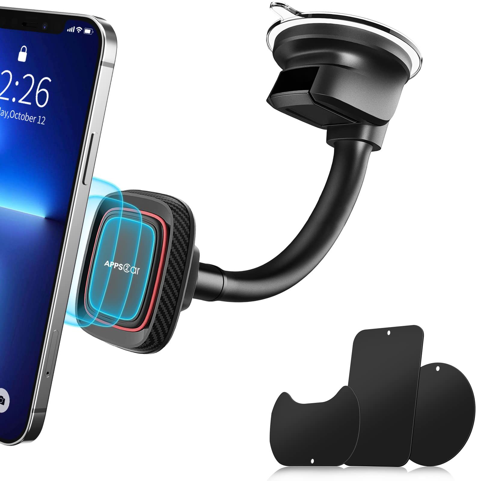 APPS2Car Magnetic Phone Holder Mount: 6 Strong Magnets for Windshield & Dashboard - Fits Most Smartphones & Mini Tablets