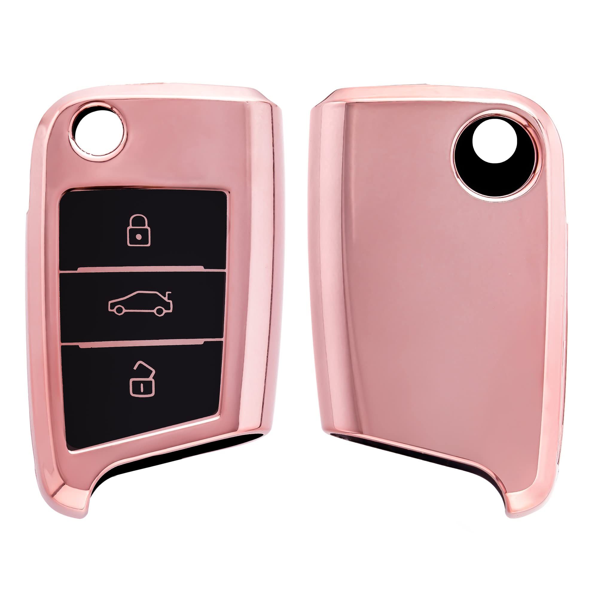 KWMobile Key Cover for VW Golf 7 MK7 - Soft TPU 3 Button Car Key Fob Protector in Rose Gold Matte/Black