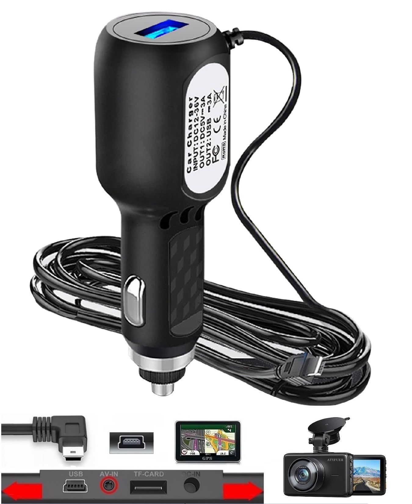 ATYFUER 11.5FT Dash Cam Charger Cable - 3-in-1 Mini USB for Cars & Trucks, GPS, Mobile Devices