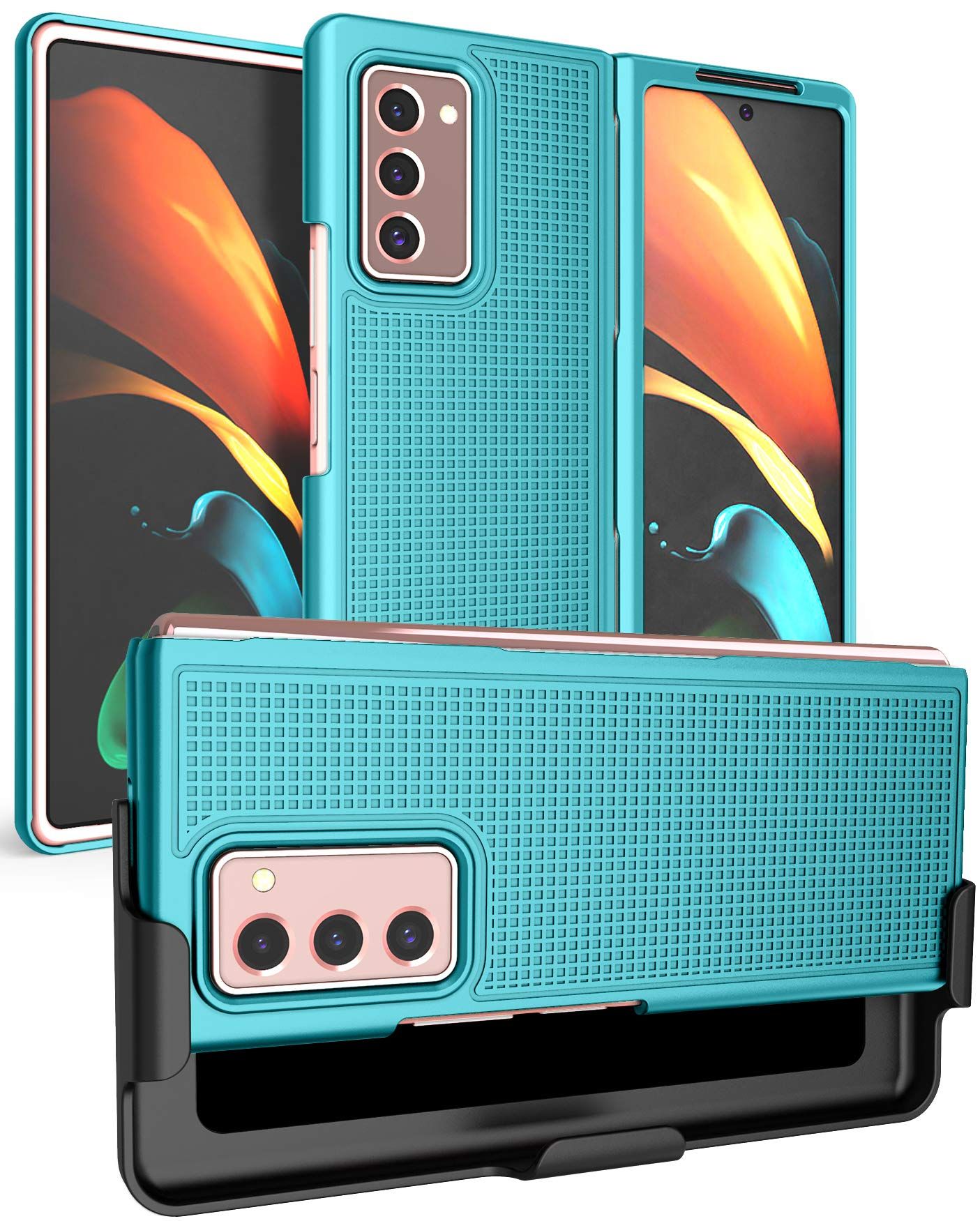 Teal Mint Cyan Case with Clip for Galaxy Z Fold 2 - Slim Hard Cover & Belt Holster Combo