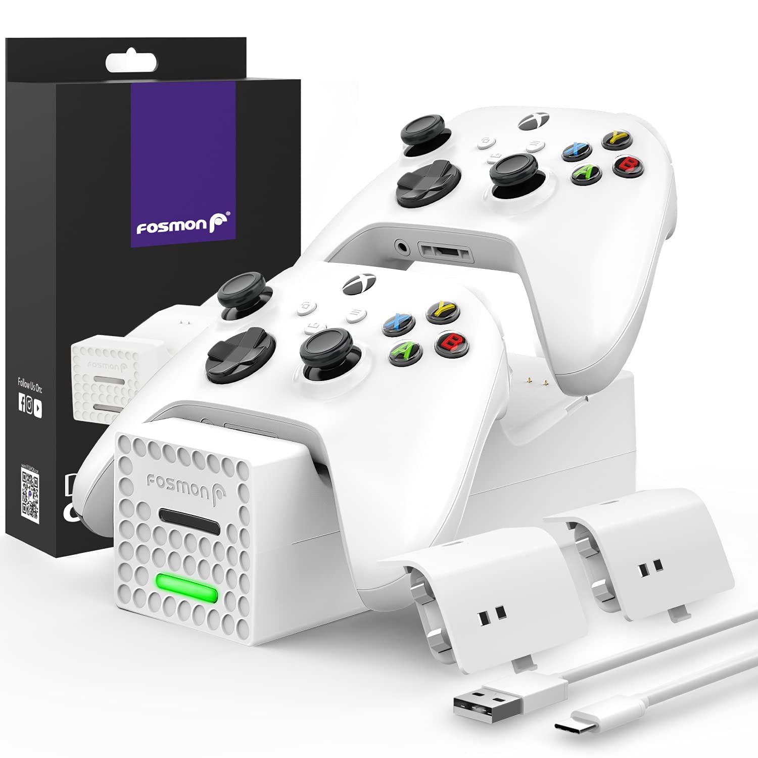Fosmon Dual Charger for Xbox Series X/S - Fast Charging Dock with 2 Rechargeable Batteries (Not for Xbox One/360) - White
