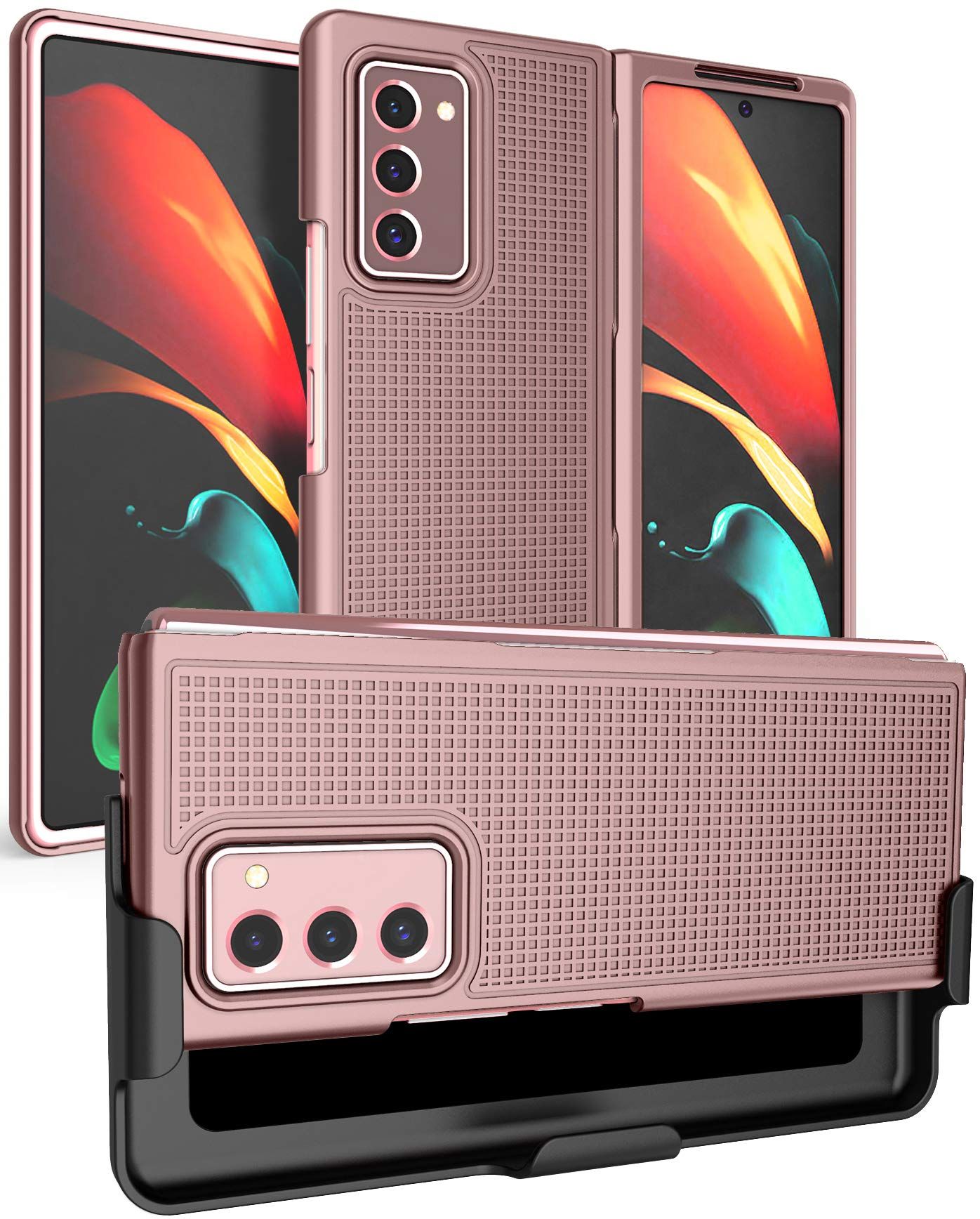 Rose Gold Pink Case with Clip for Galaxy Z Fold 2 - Slim Hard Cover & Belt Holster Combo