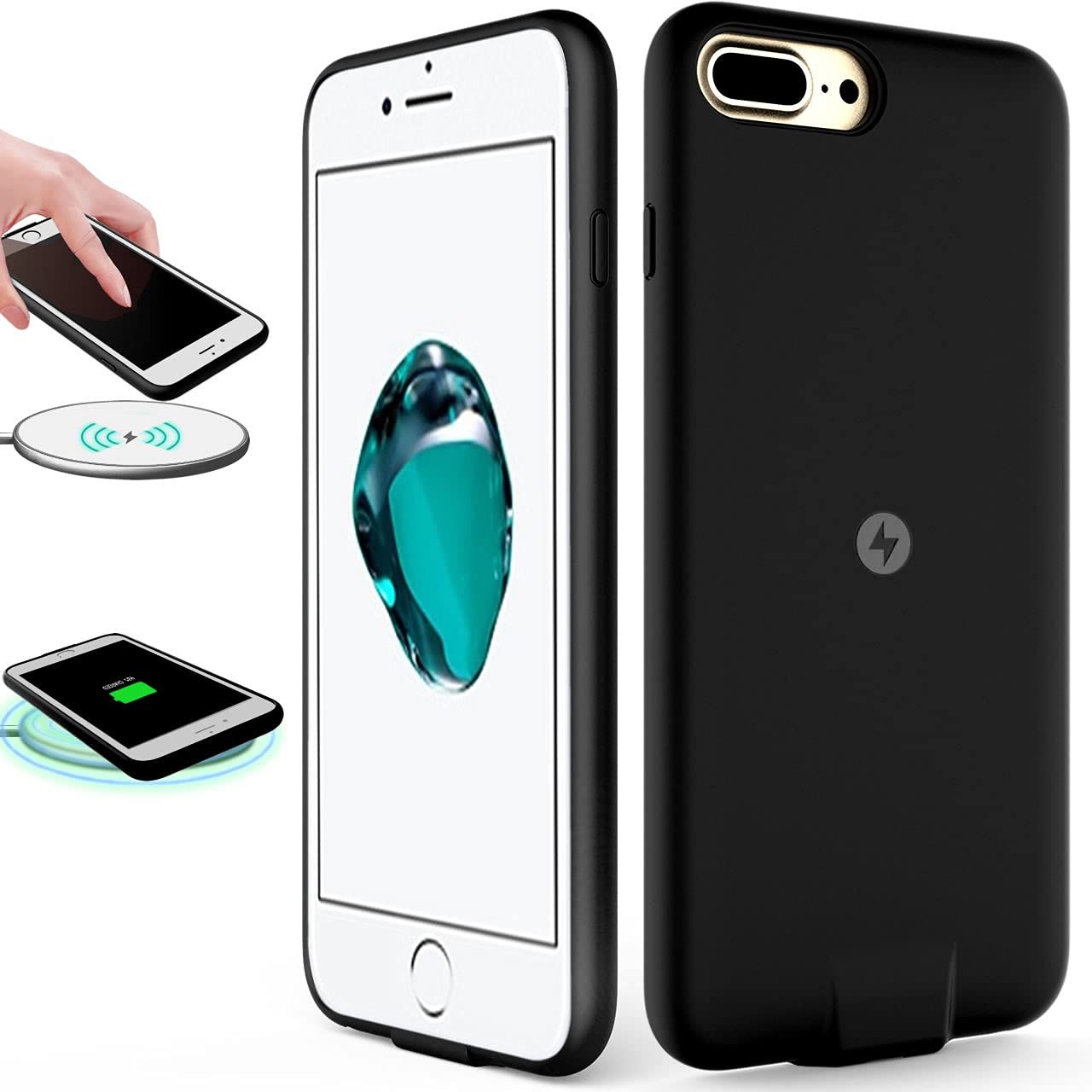 QI OCEANLOVE Wireless Charger Case for iPhone 7 Plus & 6S Plus - Shockproof, Built-in Lightning Cable, Data Sync, Black & White