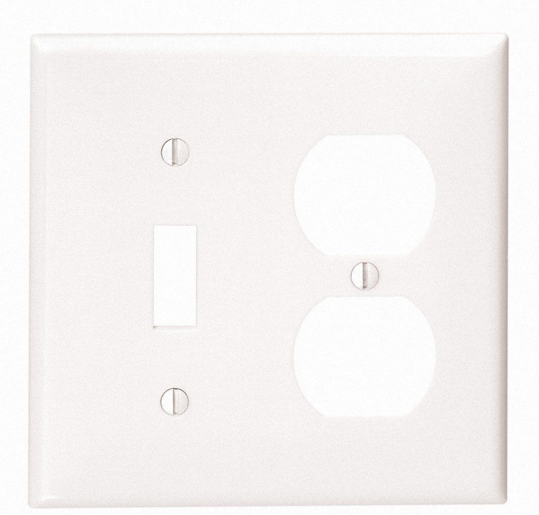 Leviton 80705-W 2-Gang Wallplate: Durable Thermoplastic Nylon, Standard Size, White Toggle & Duplex Combo