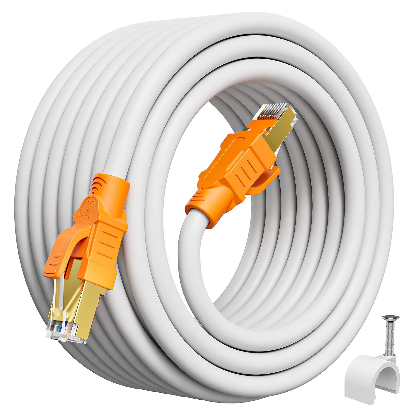 Cat8 Ethernet Cable 65ft - High Speed 40Gbps, 2000MHz, Outdoor/Indoor, Solid Copper, Gold Plated RJ45, Includes 20 Clips