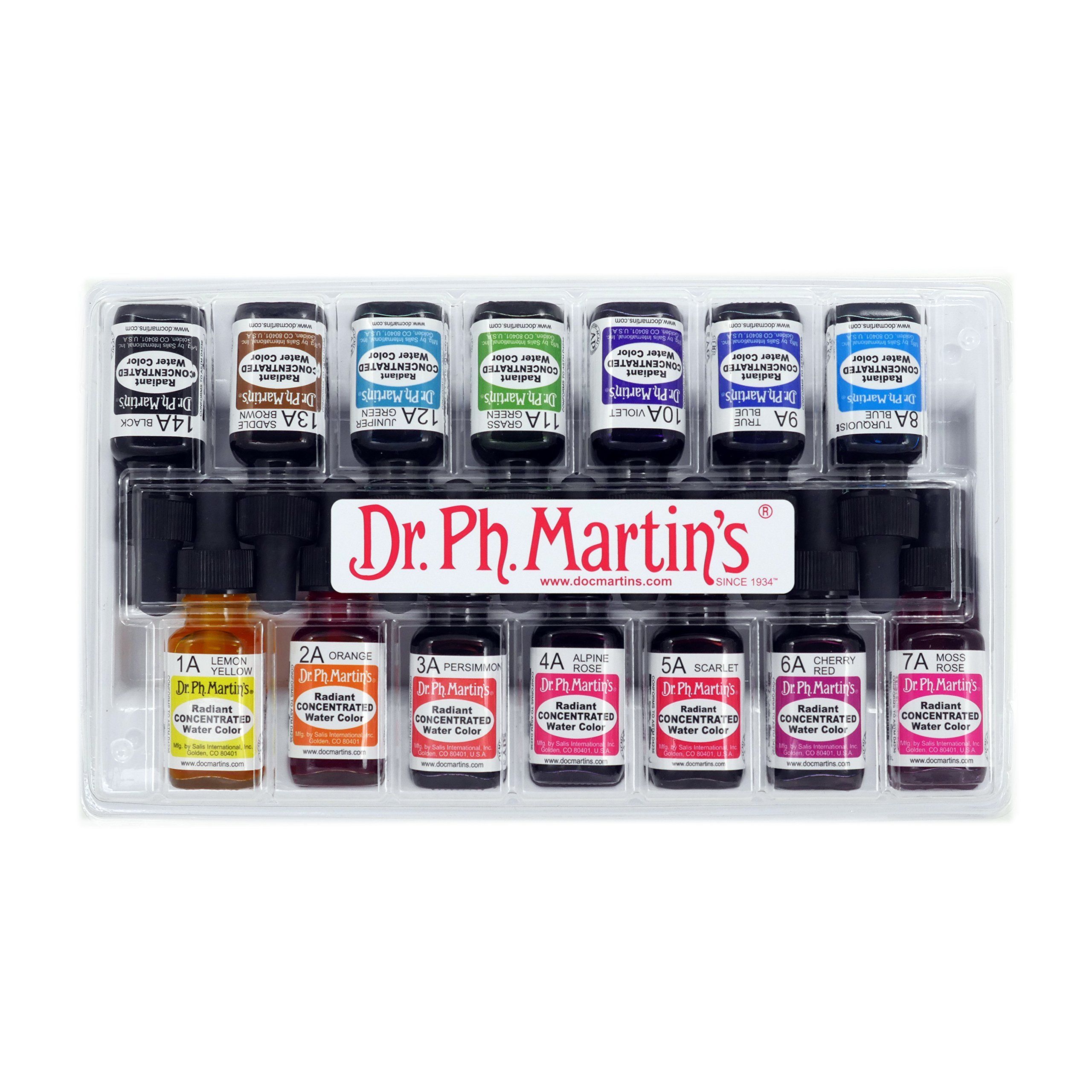 Dr. Ph. Martin's Radiant Water Color Set A - 14 Colors, 0.5 oz Bottles for Vibrant Art