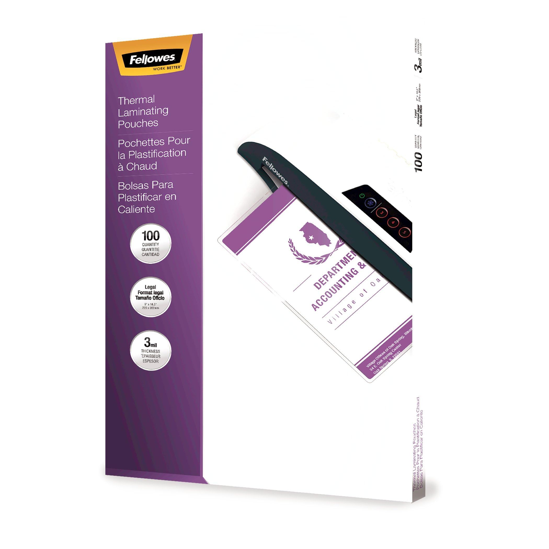 Fellowes Hot Laminating Pouches 3 Mil Legal Size - 100 Pack (52455) for Durable Document Protection