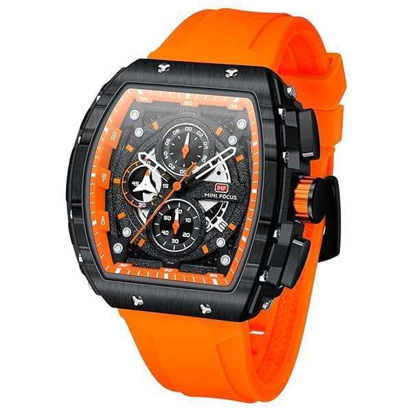 Luxury AIMES Men's Tonneau Watch: Large Dial, Waterproof, Luminous, Cool Analog with Orange Silicon Strap