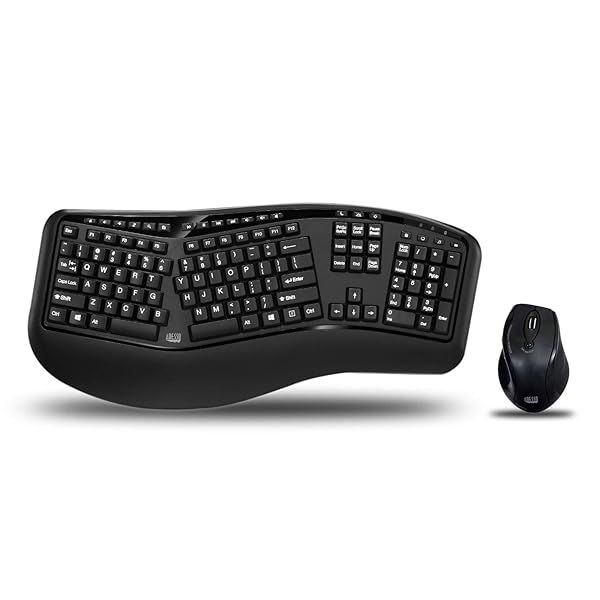 Adesso WKB-1500GB: Wireless Ergonomic Keyboard & Laser Mouse for PC - Comfort, Long Battery Life, Split Keys Design