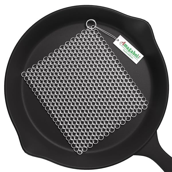 "Amagabeli Cast Iron Cleaner: 8"x6" Stainless Steel Chainmail Scrubber for Skillets, Pots, Woks & Grills"