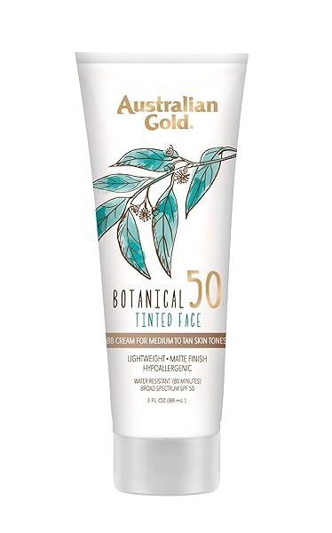 Australian Gold SPF 50 Tinted Mineral Sunscreen: Non-Chemical BB Cream for Sensitive Skin, Matte Finish, Medium to Tan Tones