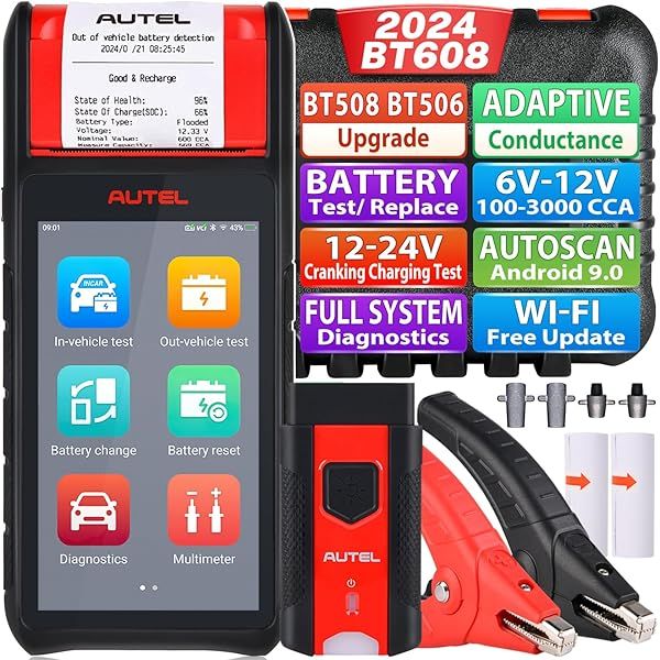 Autel MaxiBAS BT608 Battery Tester: Upgrade from BT508/BT506, 6-12V, 100-3000 CCA, Cranking & Charging System with Printer