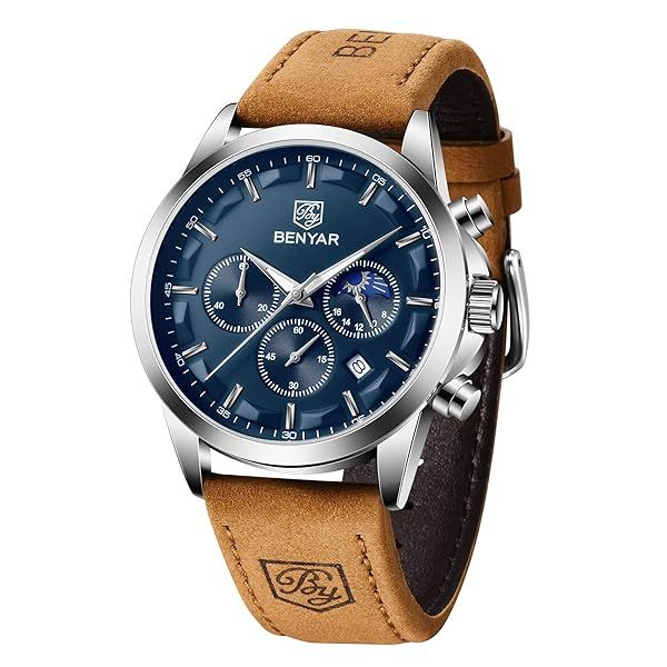 BENYAR Men's Wrist Watch: Waterproof Quartz Chronograph with Genuine Leather Strap & Mechanical Design