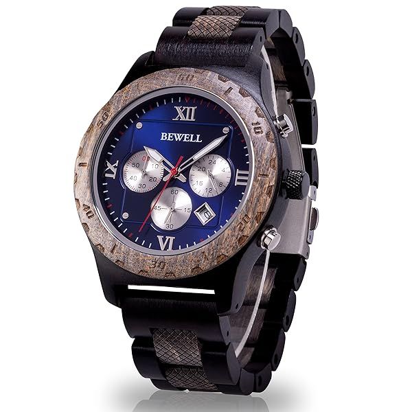 BEWELL Men's Wood Watch: Stylish Black Sandalwood Quartz Chronograph with Date Function