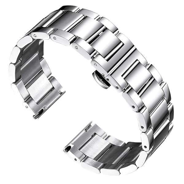 BINLUN Thick Stainless Steel Watch Band Metal Heavy Polished Matte Brushed Finish Watch Strap Replacement for Men Women 16mm/18mm/20mm/21mm/22mm/23mm/24mm/26mm(Polished Silver,21mm)