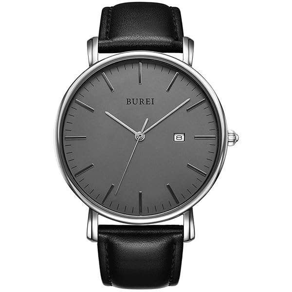 Shop BUREI Men's Minimalist Grey Wrist Watch with Leather Strap - Stylish Analog Date Timepiece
