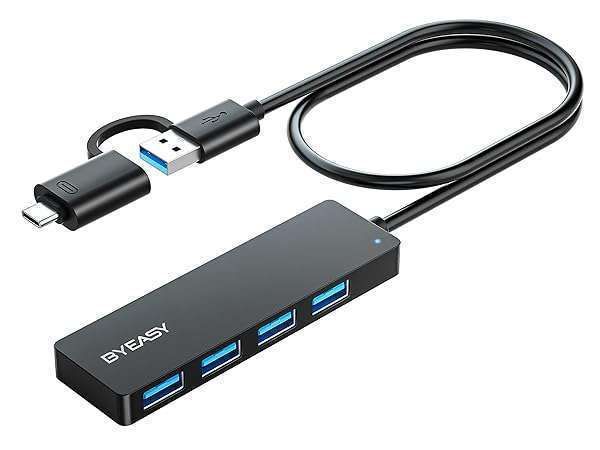 BYEASY USB Hub 3.1 C to 3.0 - 4 Ports, 2ft Cable, Ultra Slim Splitter for MacBook, PS4, PS5 & More