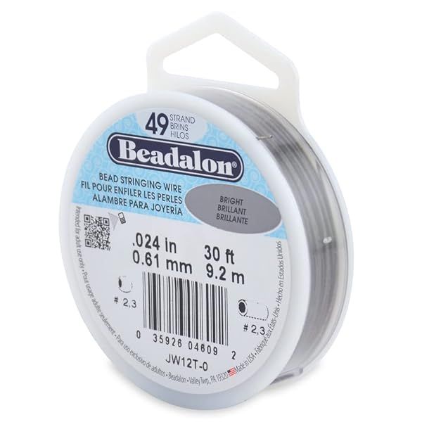 Beadalon 49 Strand Stainless Steel Bead Stringing Wire .024 in - 30 ft Bright & Durable for Jewelry Making