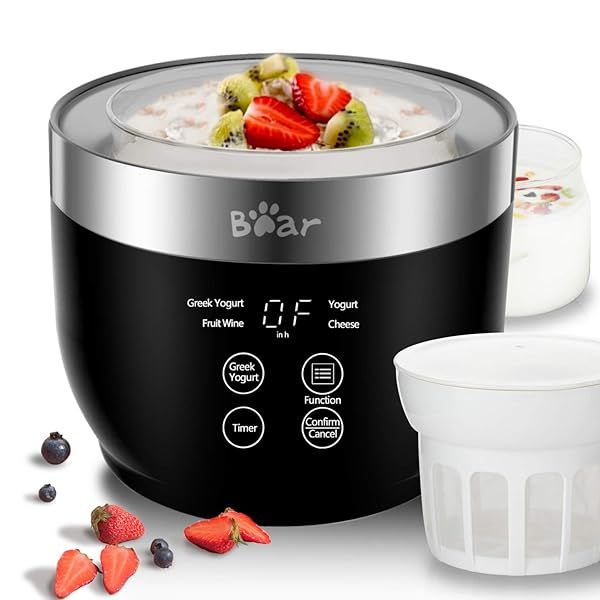 Bear Yogurt Maker: Automatic Greek Yogurt Machine with Timer, Strainer & 2 Glass Jars for Home-Made Organic Yogurt & Cheese