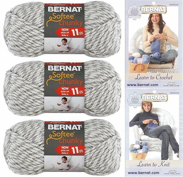 Bernat Softee Chunky Yarn Bundle - Super Bulky #6, 3 Skeins in Gray Ragg for Cozy Projects