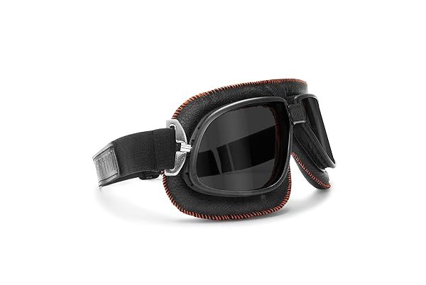 Shop Bertoni Vintage Motorcycle Goggles - Dark Lenses, Black Leather & Orange Stitching - Stylish Aviator Goggles from Italy