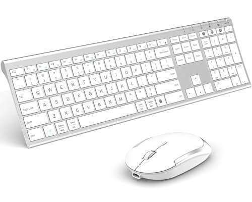 Ultra Slim Bluetooth Keyboard & Mouse Combo - Multi-Device, Rechargeable, Dual-Mode for Windows/Mac (White & Silver)