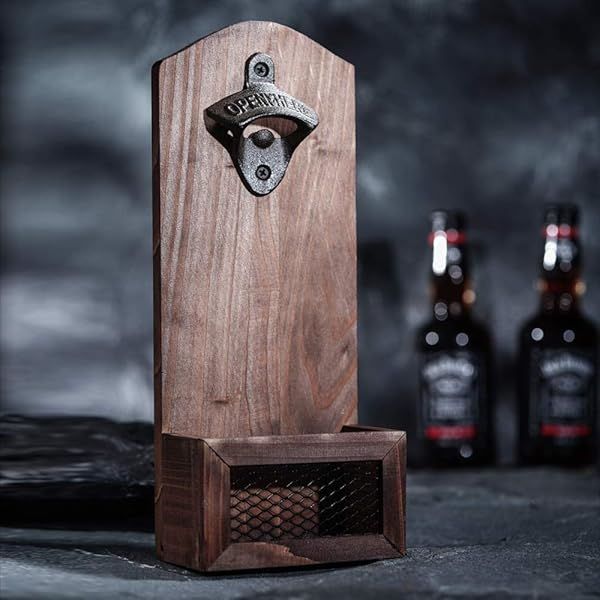 Vintage Wooden Wall Mounted Bottle Opener with Cap Collector - Perfect Gift for Men & Beer Lovers, Ideal Bar Decoration