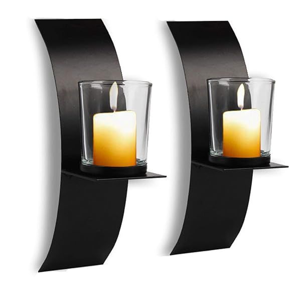 CALIDAKA 2 Pcs Modern Wall Candle Holders - Black Metal Art Sconces with Glass Cups for Home & Wedding Decor