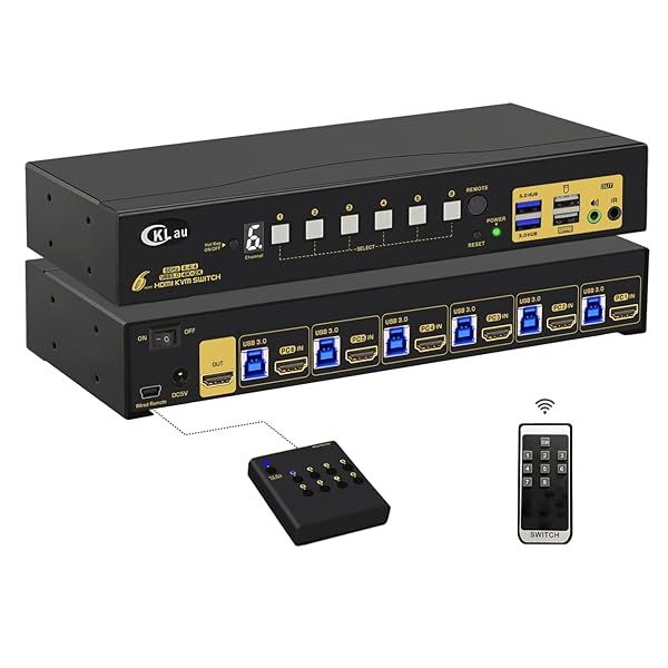 CKLau 6 Port Rack Mount KVM Switch HDMI 2.0 4K60Hz - Control 6 PCs with Hotkey, IR Remote & USB 3.0 Hub