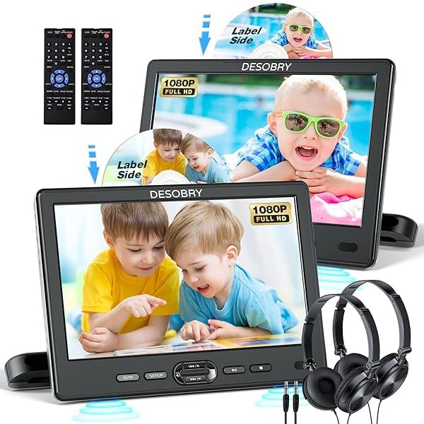 "DESOBRY Dual Screen Car DVD Player - 10.5" Portable Headrest Mount, 1080P Video, HDMI, USB/SD Support, Play 1 or 2 Movies"