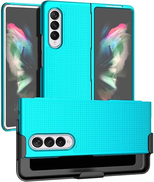 Galaxy Z Fold 3 Case with Clip & Holster - Slim Hard Cover, Grid Texture, Teal Aqua Mint - Perfect for Samsung Z Fold3 (SM-F926)