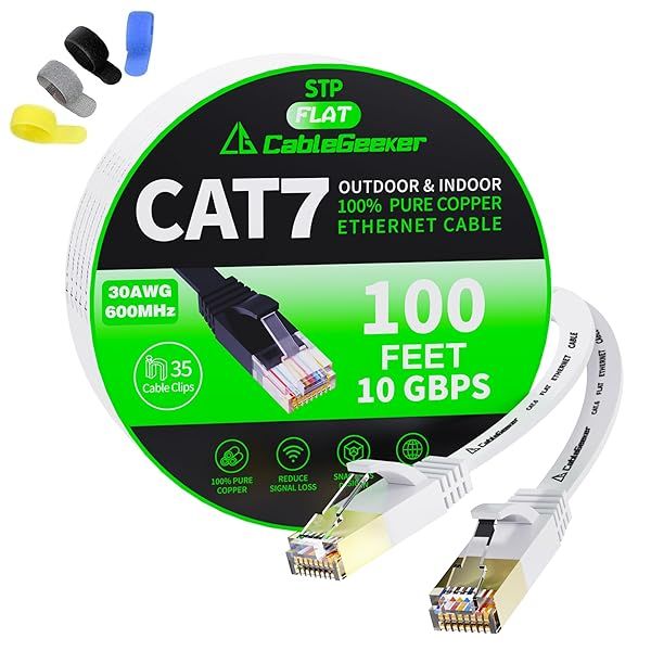 Cat 7 Shielded Ethernet Cable 100ft - High-Speed Flat Network Cable with Snagless RJ45, Free Clips & Straps for Modem & Router