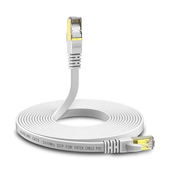 High-Speed KASIMO Cat 8 Ethernet Cable 10ft - 40Gbps, 2000MHz, Flat SSTP, Gold Plated RJ45 for Gaming & Streaming