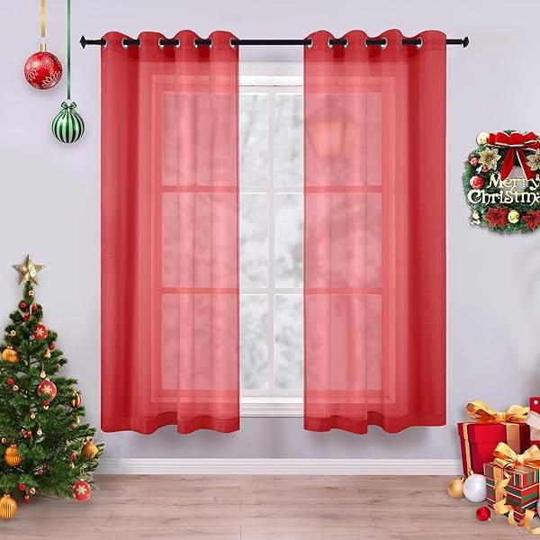"Christmas Red Curtains 45" Grommet Sheer Drapes - Set of 2 for Kitchen, Bathroom & Boys Bedroom - Perfect for Small Windows"
