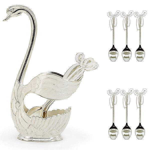 Elegant Metal Swan Coffee Spoon Holder Set with 6 Ice Cream Spoons - Perfect Dessert Flatware Organizer