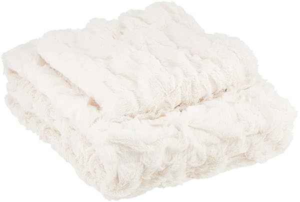 "Ultra Soft Comfort Spaces Ruched Faux Fur 3-Piece Throw Blanket Set with Pillow Covers - Ivory, 50"x60" Fluffy Luxury"