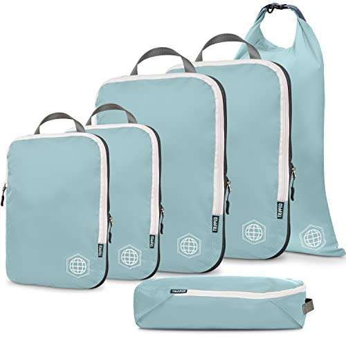 TRIPPED Travel Gear Compression Packing Cubes - 6 Piece Set for Luggage & Backpack Organization (Dusty Teal & White)