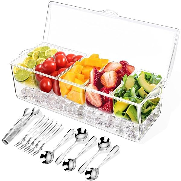 Chilled Condiment Tray with Stainless Steel Spoons & Forks - Perfect Bar Garnish Holder & Salad Server