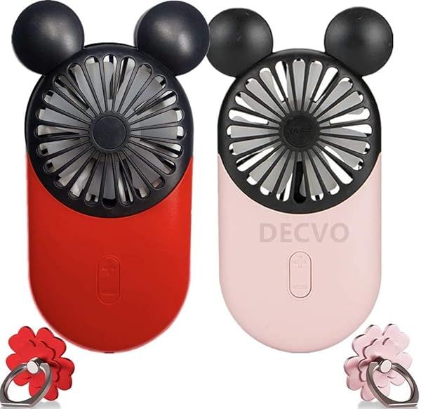 DECVO Cute Mini Fan 2 Pack: Handheld USB Rechargeable with LED Light & 3 Speeds - Perfect for Indoor & Outdoor Use!