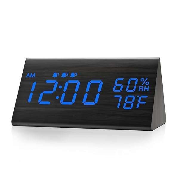 Wooden Digital Alarm Clock with LED Display, 3 Alarms, Humidity & Temperature Sensor - Perfect for Bedroom & Bedside