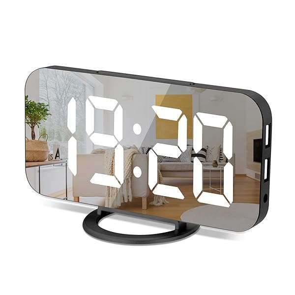 "6" LED Digital Alarm Clock with Dual USB Charger | Auto Dimmer & Snooze | Modern Mirror Design for Bedroom & Office"