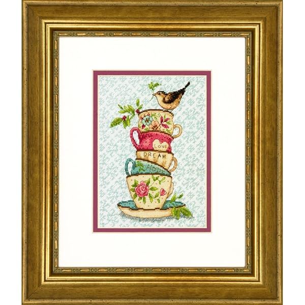 "Dimensions 70-65171 Gold Collection Stacked Tea Cups Cross Stitch Kit - 18 Count Aida, 7"x5" | Perfect for Craft Lovers!"